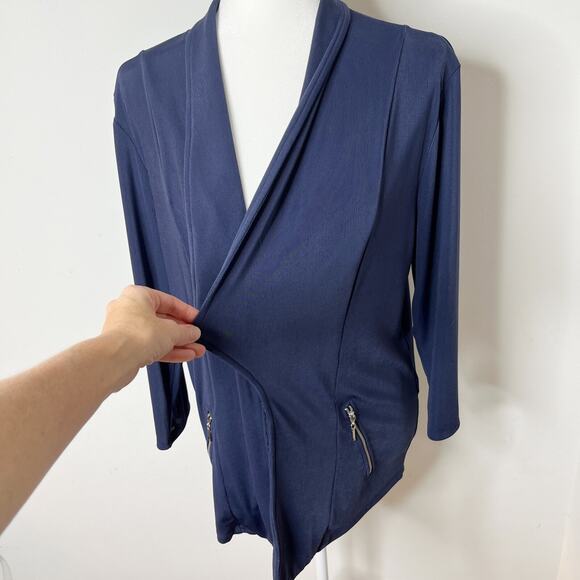 Easywear Chico's Women's Open Front Jacket L Navy Blue Zipper Pockets Shawl Neck - Picture 4 of 10